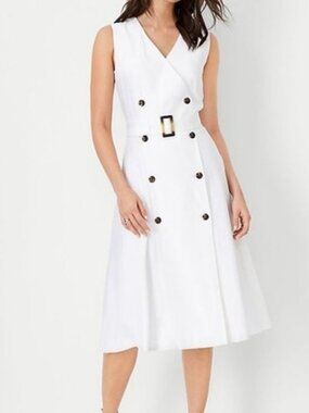 Ann Taylor White Double Breasted Sleeveless Midi Trench Dress Size 0